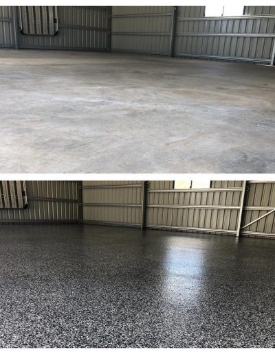 Before and after Flake epoxy large Garage Floor